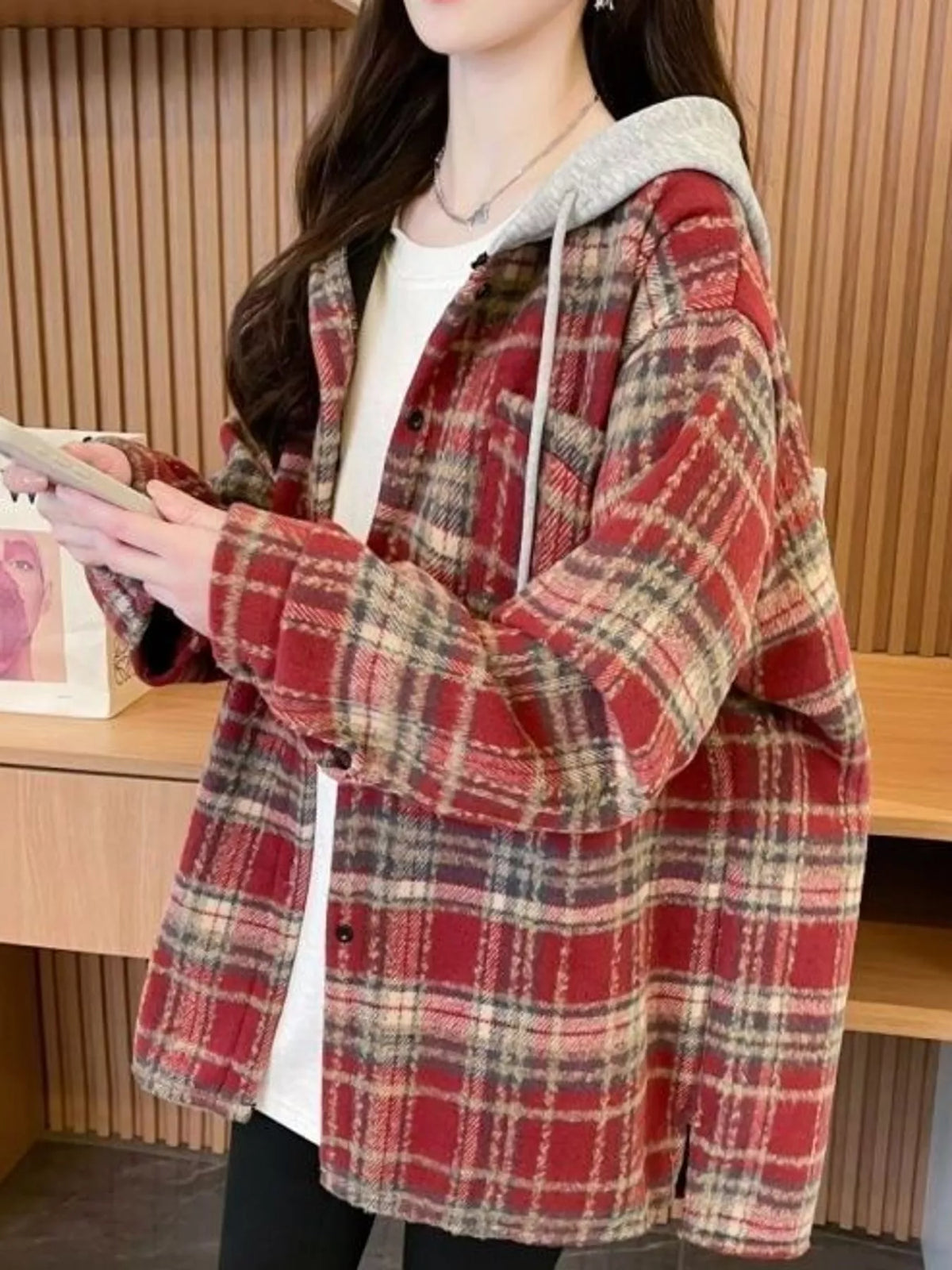Red plaid button-up hooded shacket