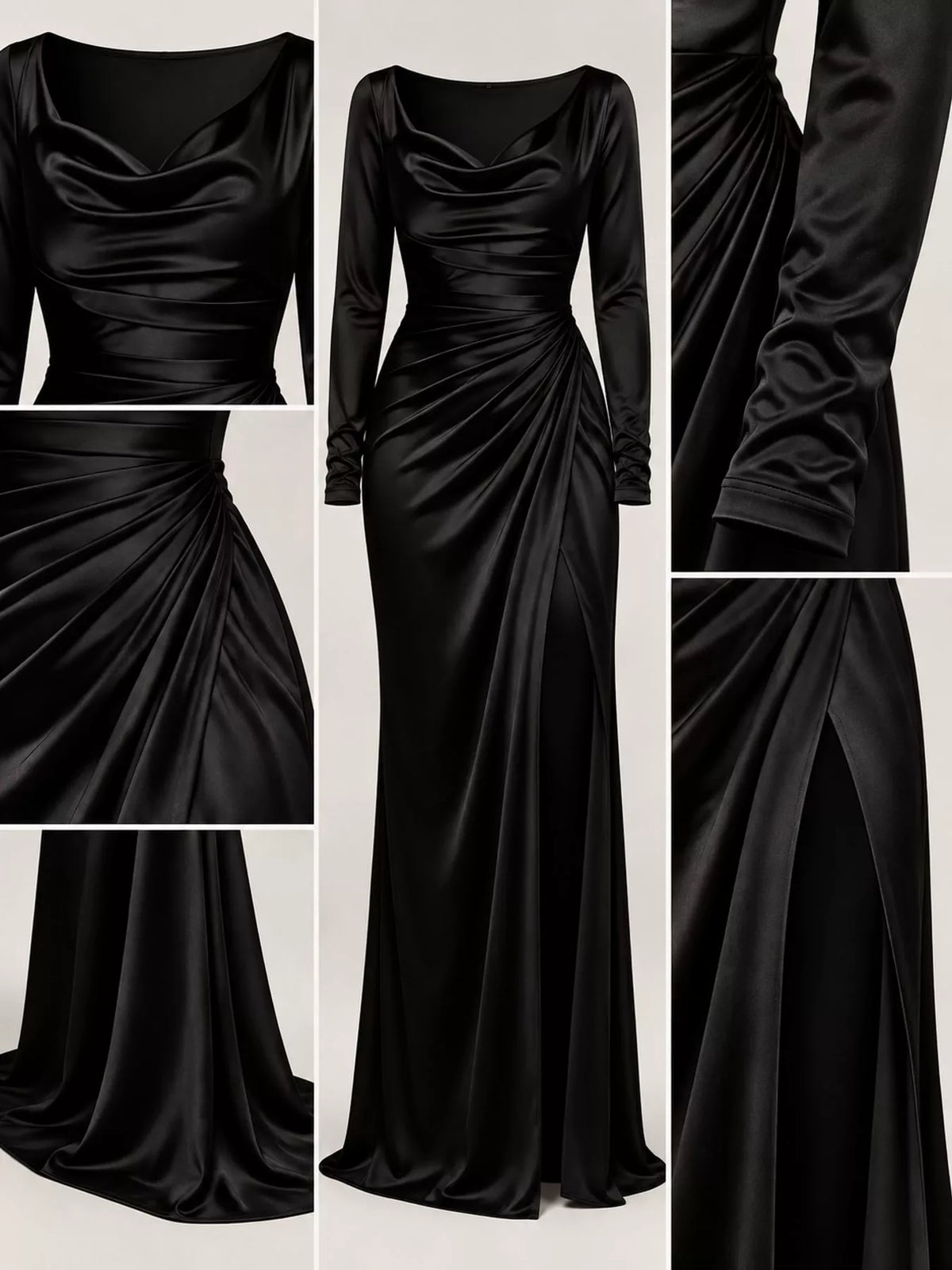 Black satin cowl neck high-slit maxi dress, cowl neck, ruching and slit collage