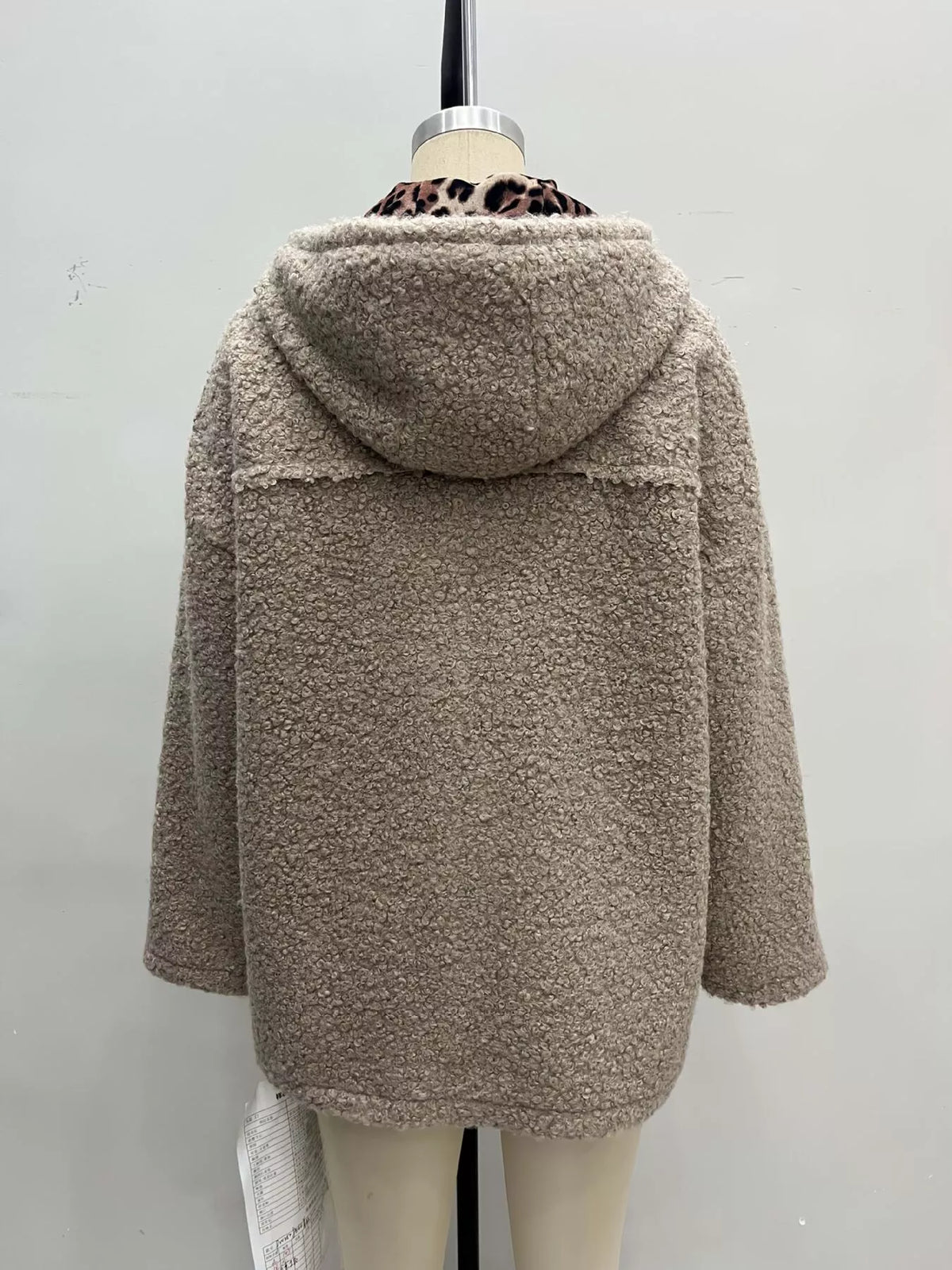 Khaki Fleece Zip-Up Hooded Jacket with Pockets back view on mannequin