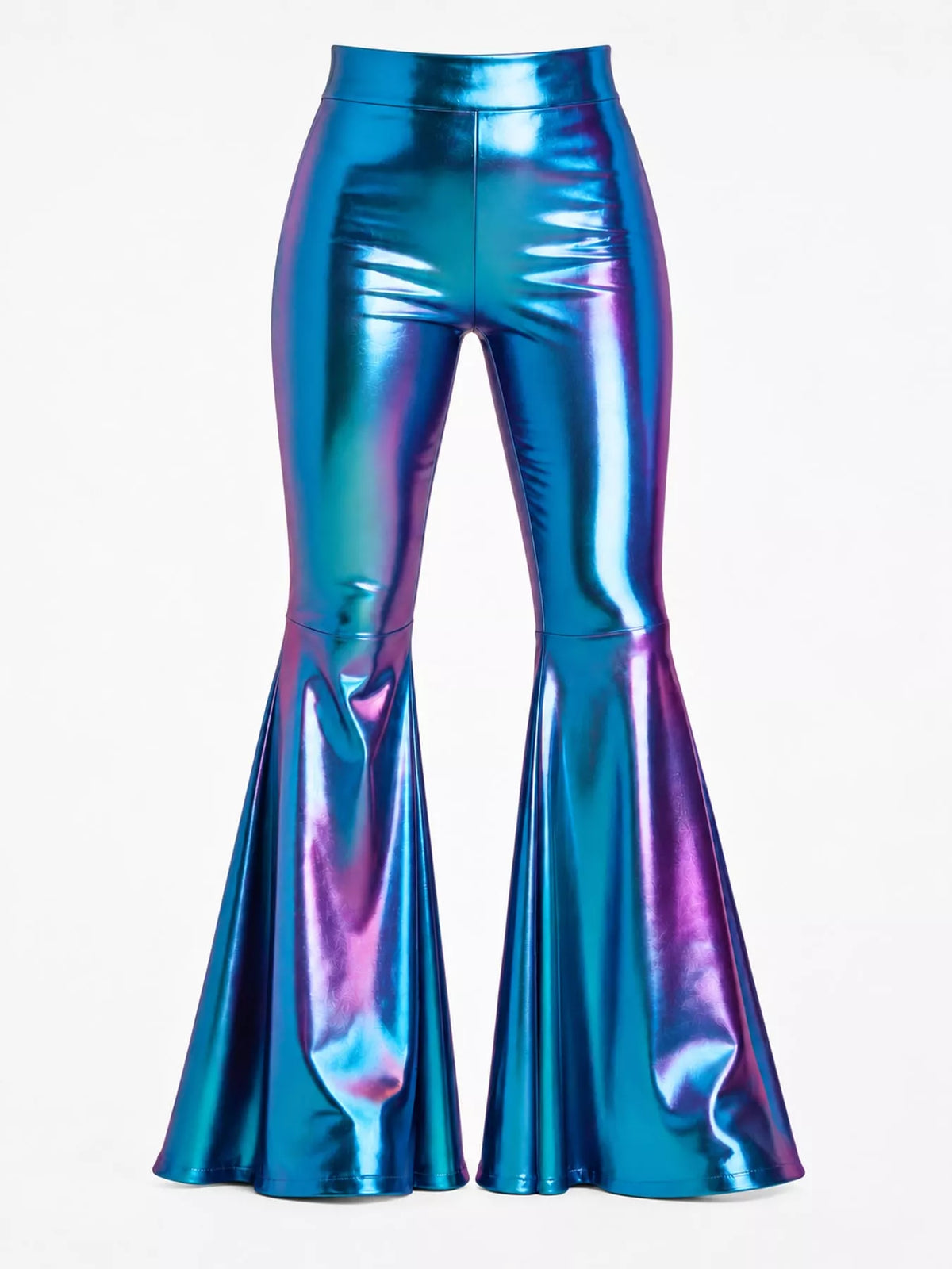 Iridescent blue high-waisted flare pants — front view