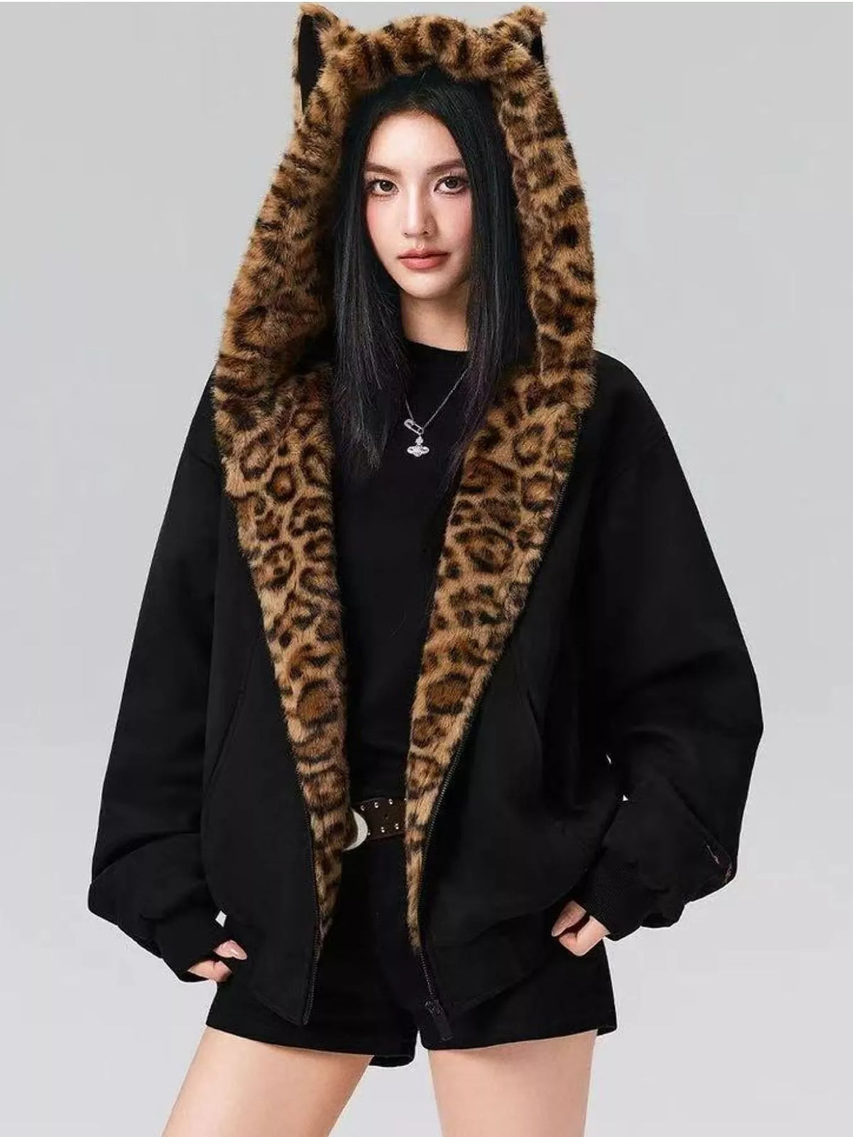 Leopard-Trim Faux Fur Hooded Zip-Up Jacket in black, front view