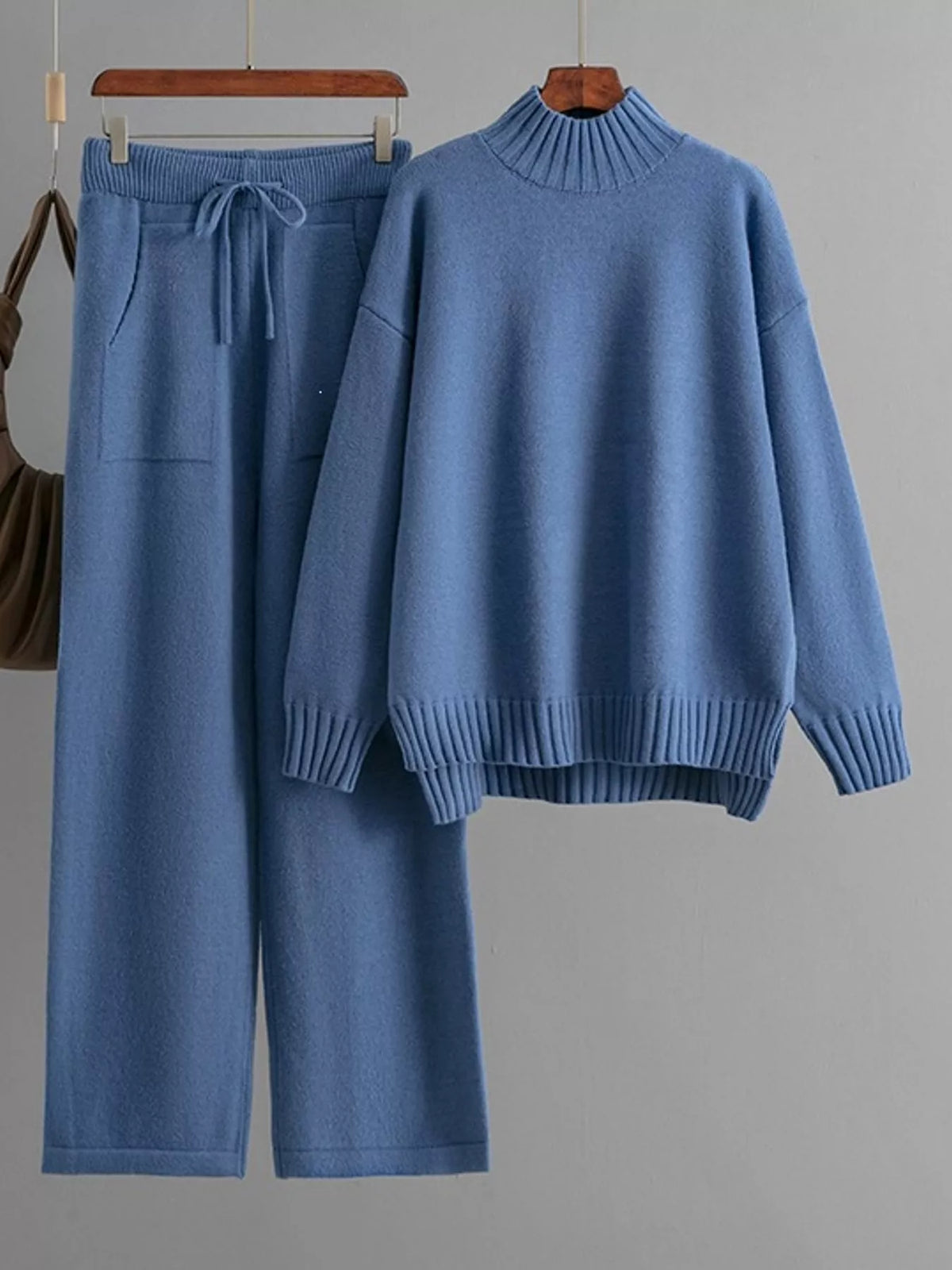 Mock Neck Sweater and Wide-Leg Pants Knit Set — garment front