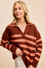 Trendsi BiBi Striped Sweater Top with Collar Stitched Details -