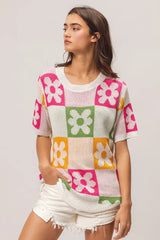 Trendsi BiBi Flower Checker Pattern Lightweight Sweater Top -