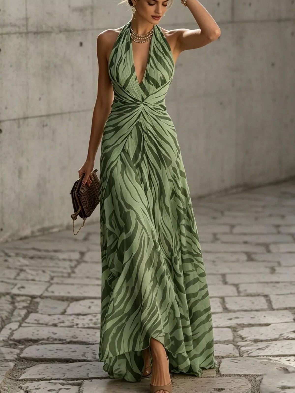 Animal-print maxi dress, green front