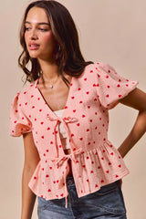 Trendsi SO ME All Over Heart Ribbon Tie Baby Doll Valentine Blouse -