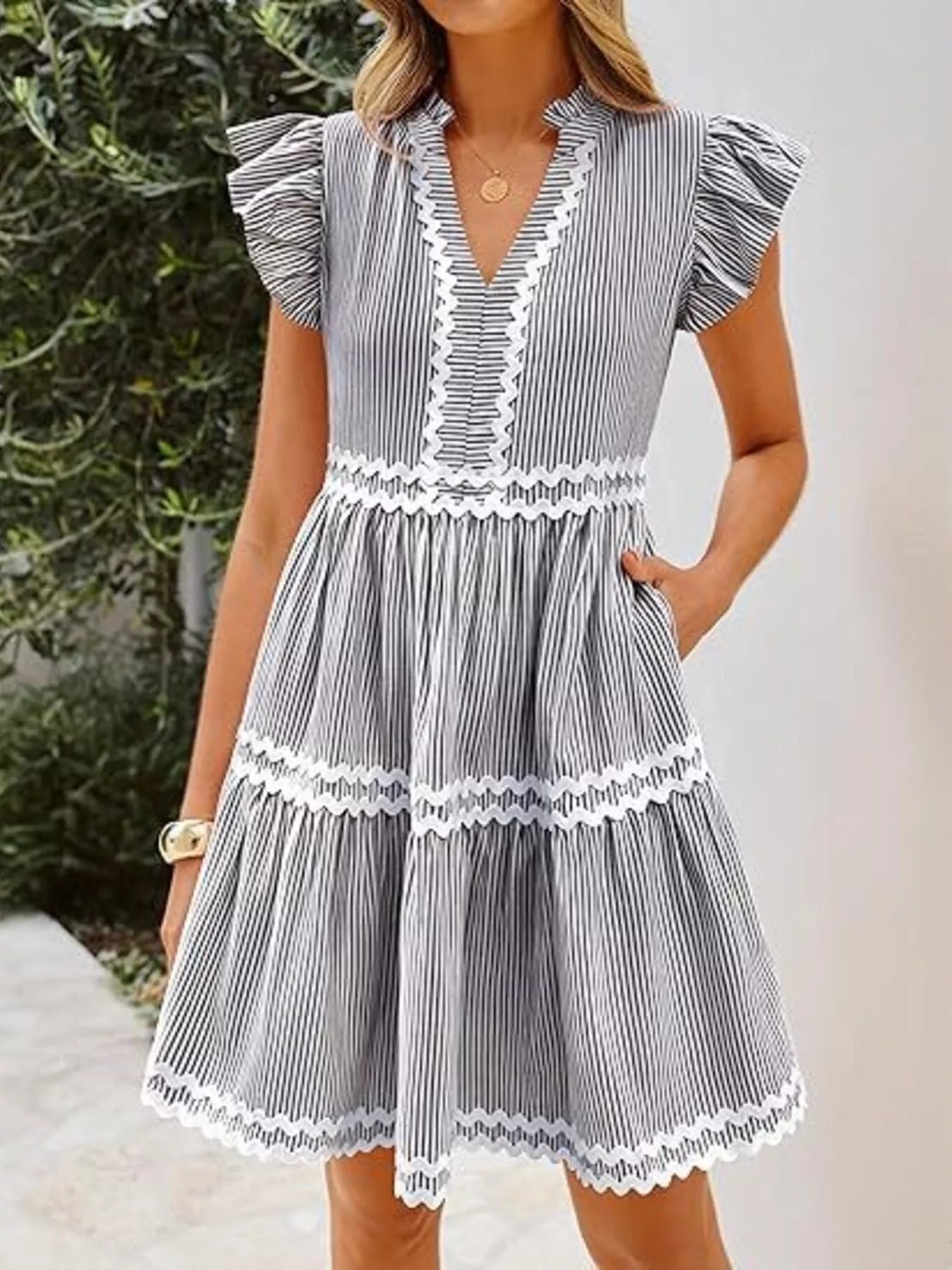 Trendsi Striped Ruffle Sleeve Tiered Dress -