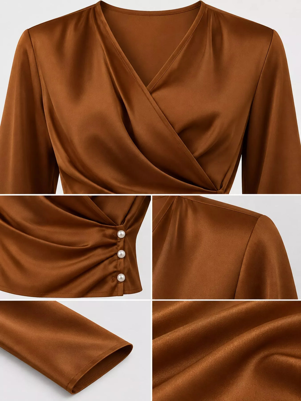 Surplice blouse, brown neckline button cuff and fabric details