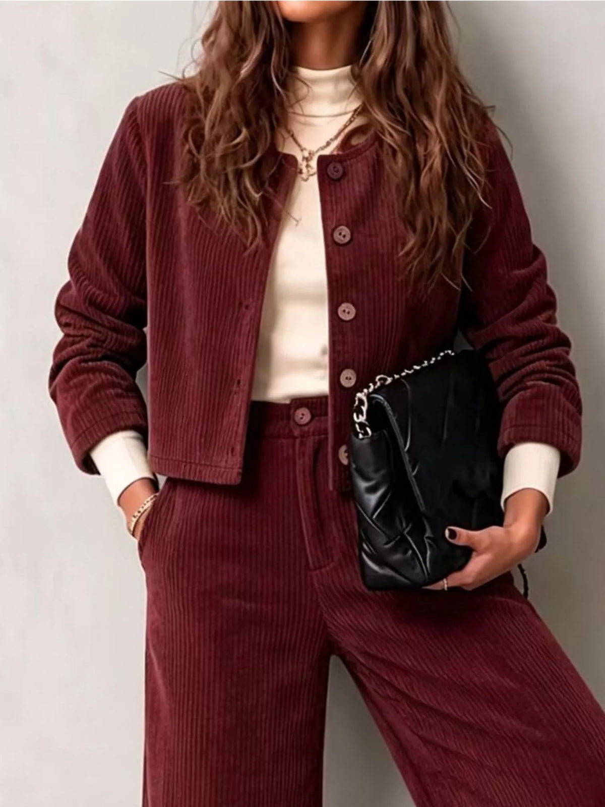 Women's Corduroy Button-Down Jacket and Wide-Leg Pants Two-Piece Set in burgundy — top detail view