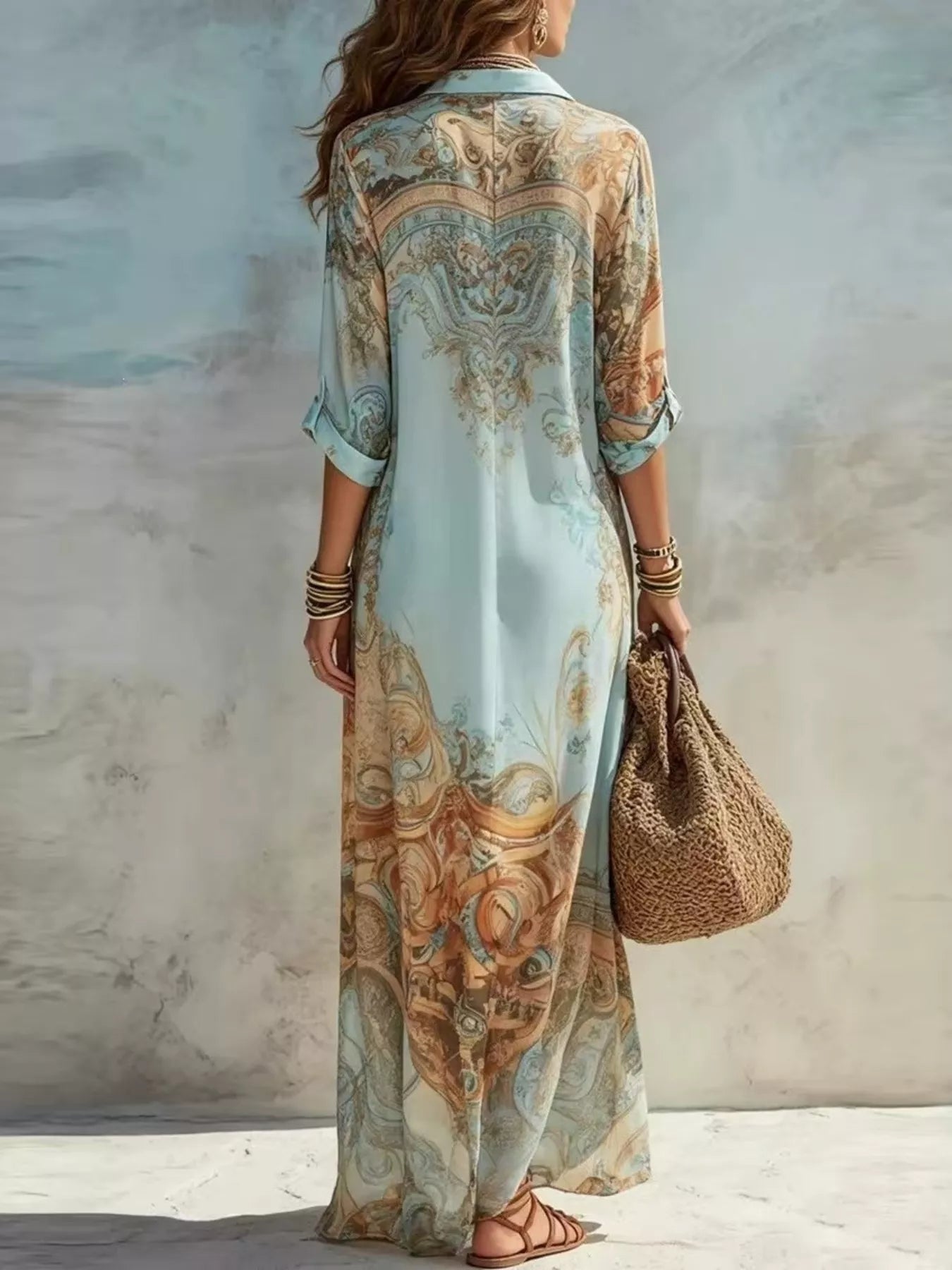 Trendsi Full Size Printed Button Down Roll-Up Sleeve Shirt Maxi Dress Plus Size -