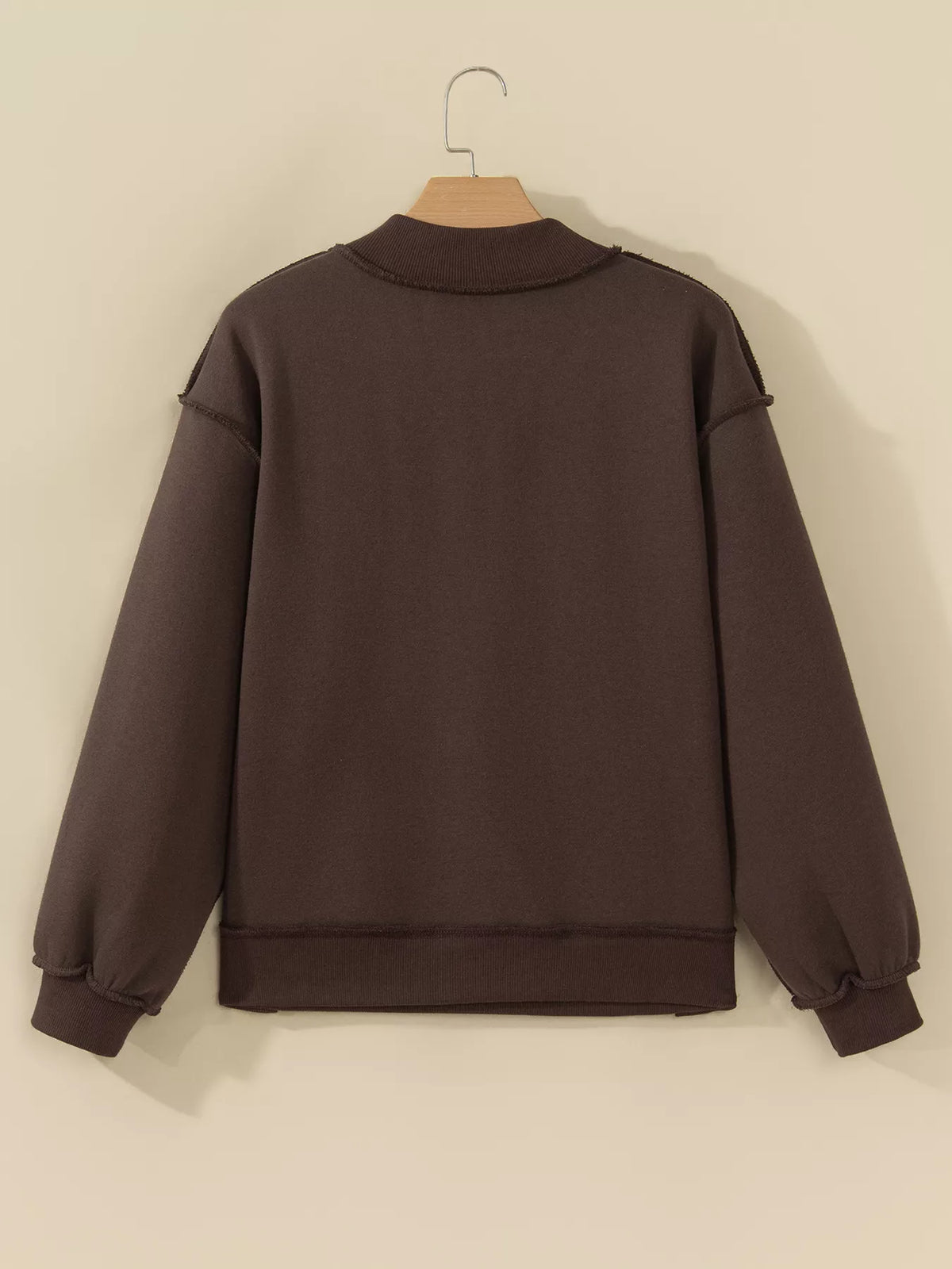 PRAY Polka Dot Embroidered Mock Neck Sweatshirt in dark brown, back view