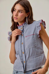 Trendsi SO ME Stripe Twill Stitch Ruffled Hidden Button Vest Top -
