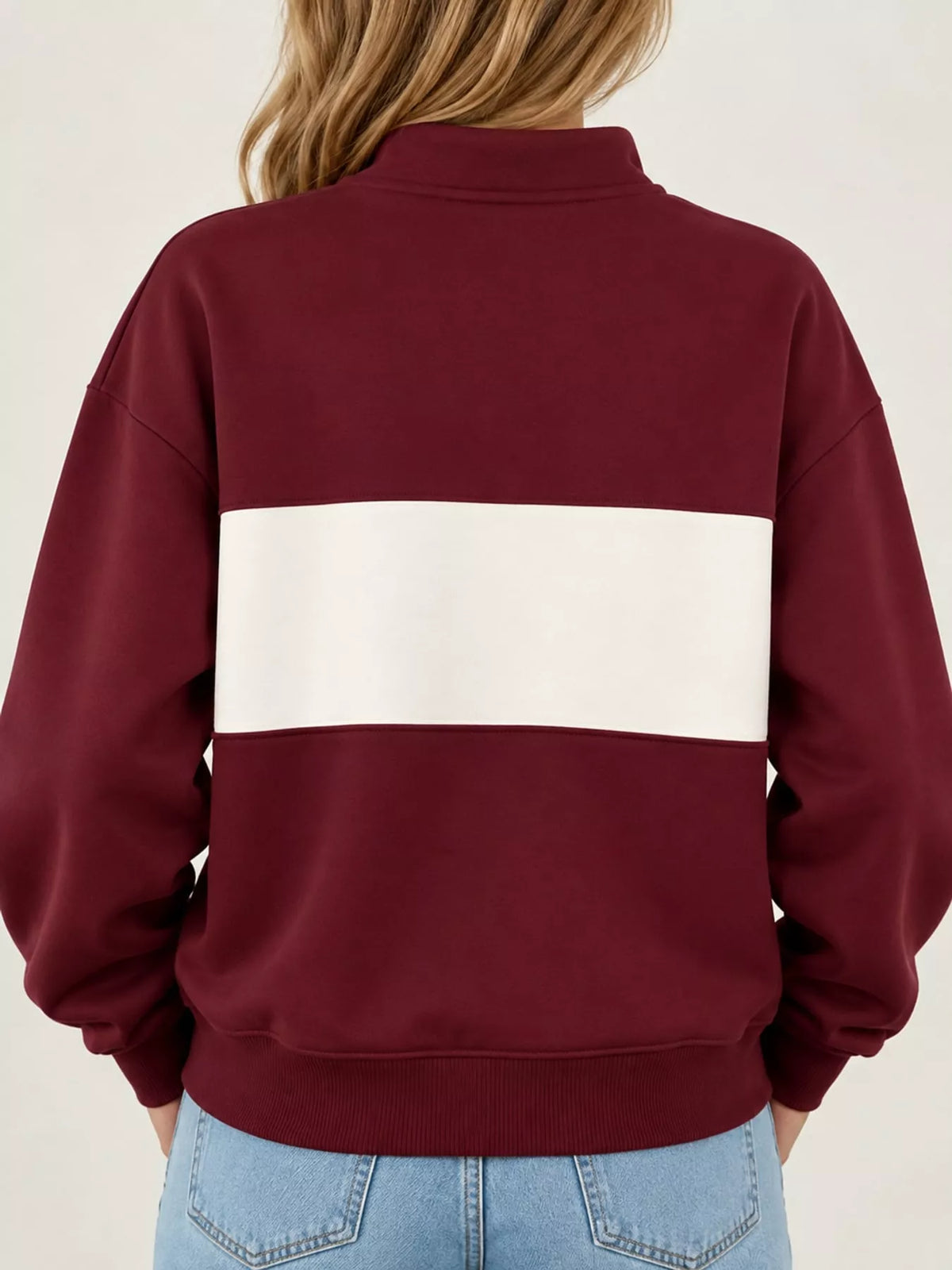 Burgundy and cream color block snap-button sweatshirt, back view