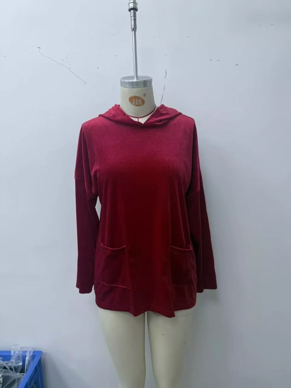 Women's Velvet Front Pockets Hoodie in Burgundy, back view