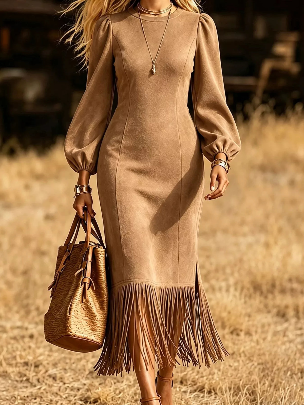 Fringe Balloon Sleeve Midi Dress in camel, front view