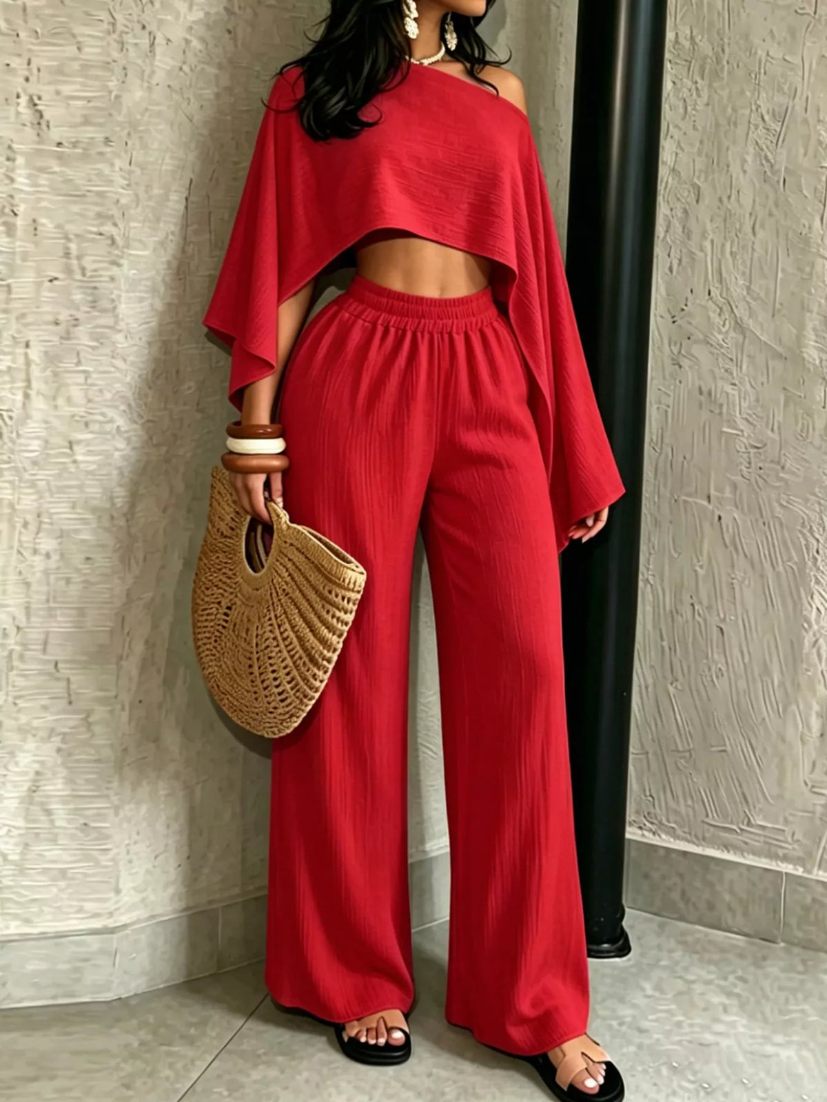 Women's Boat Neck Crop Top and Wide-Leg Pants Set in red — front view
