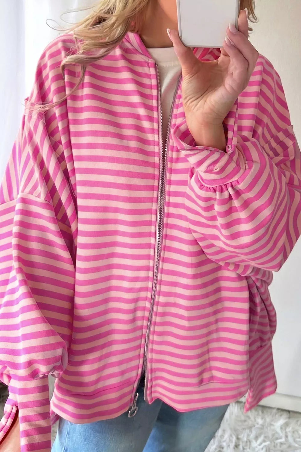 Trendsi Stripe Striped Zip-up Open Front Loose Fit Regular Length Hoodie -