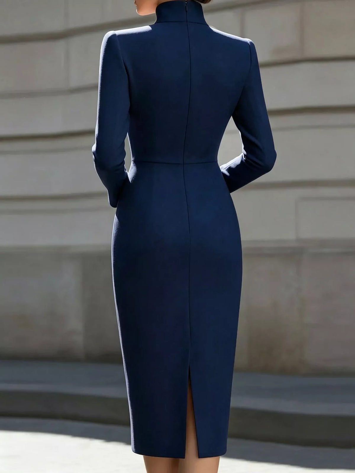 Women's Stand-Collar Long-Sleeve Midi Dress in navy — back view