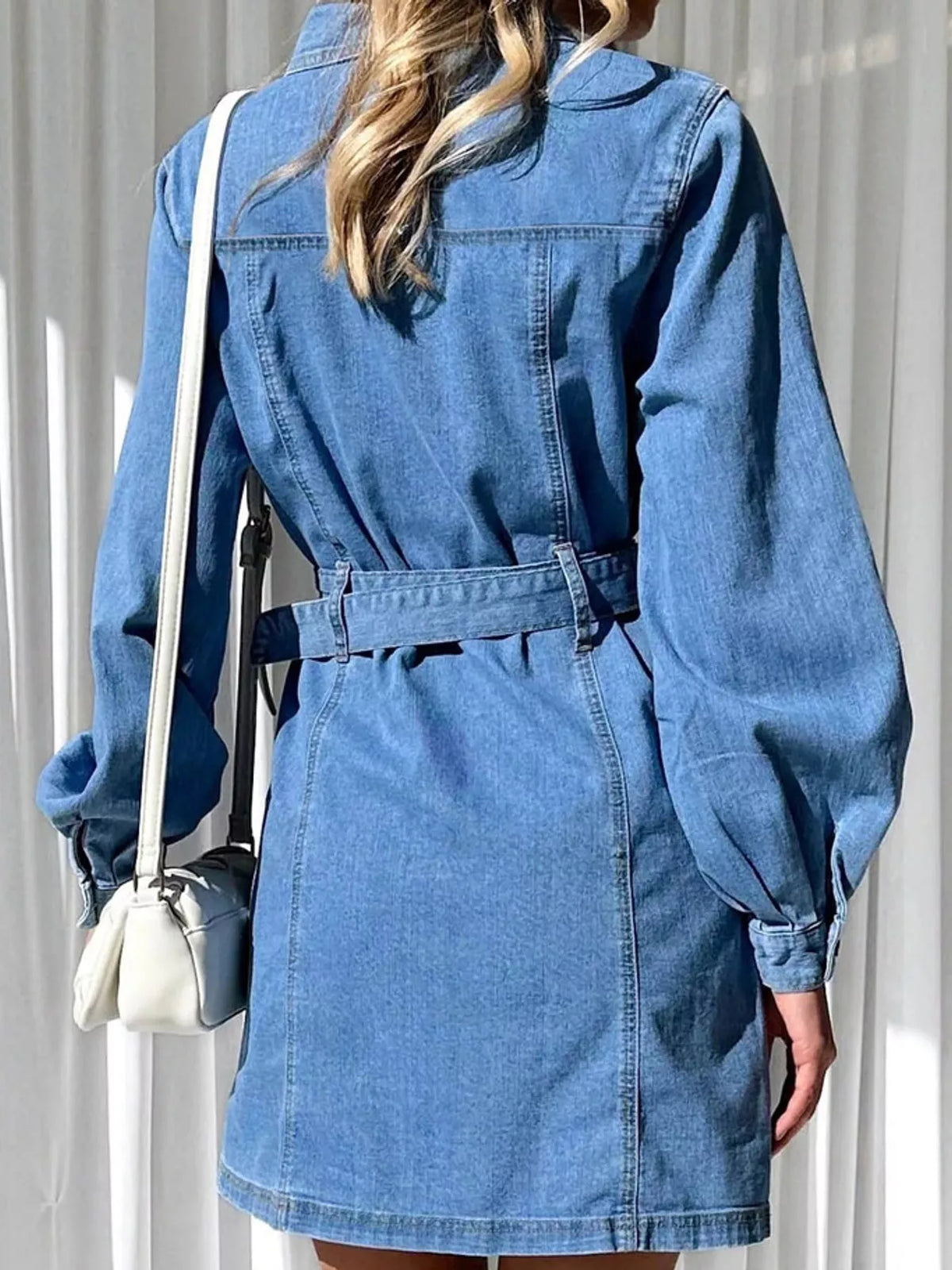 Button-Down Denim Dress with Belted Waist and Long Sleeves, back view