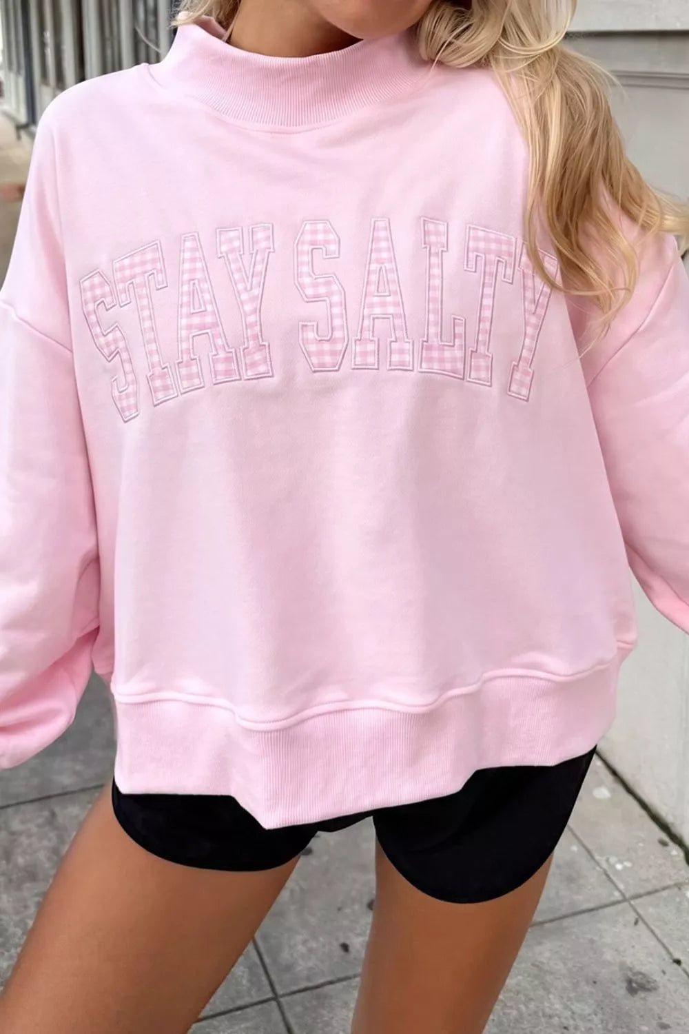 Trendsi Embroidered Long Sleeve Stand Neck Shift Pullover Sweatshirt -
