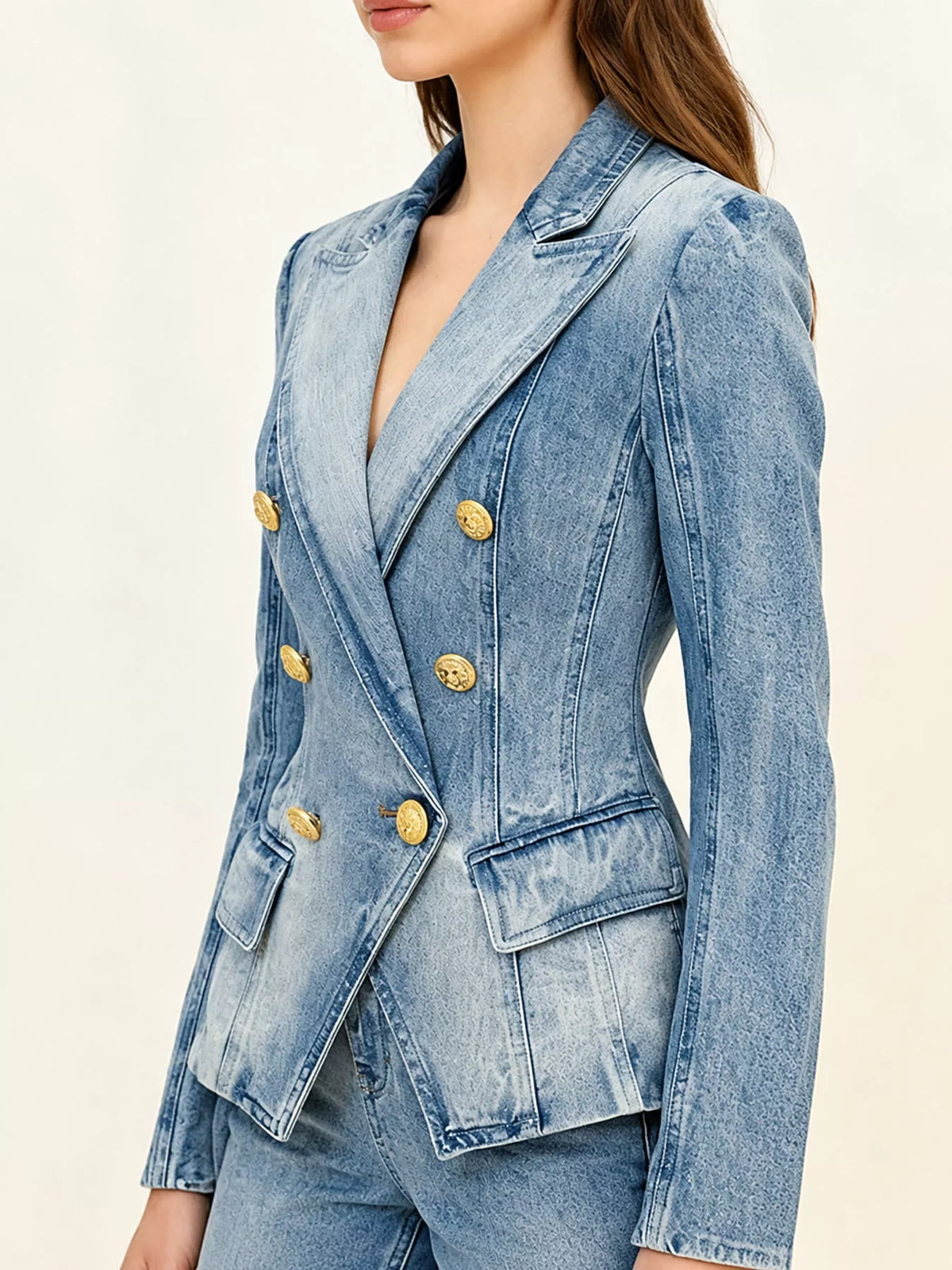 Double-Breasted Denim Jacket with Gold-Tone Buttons in light blue