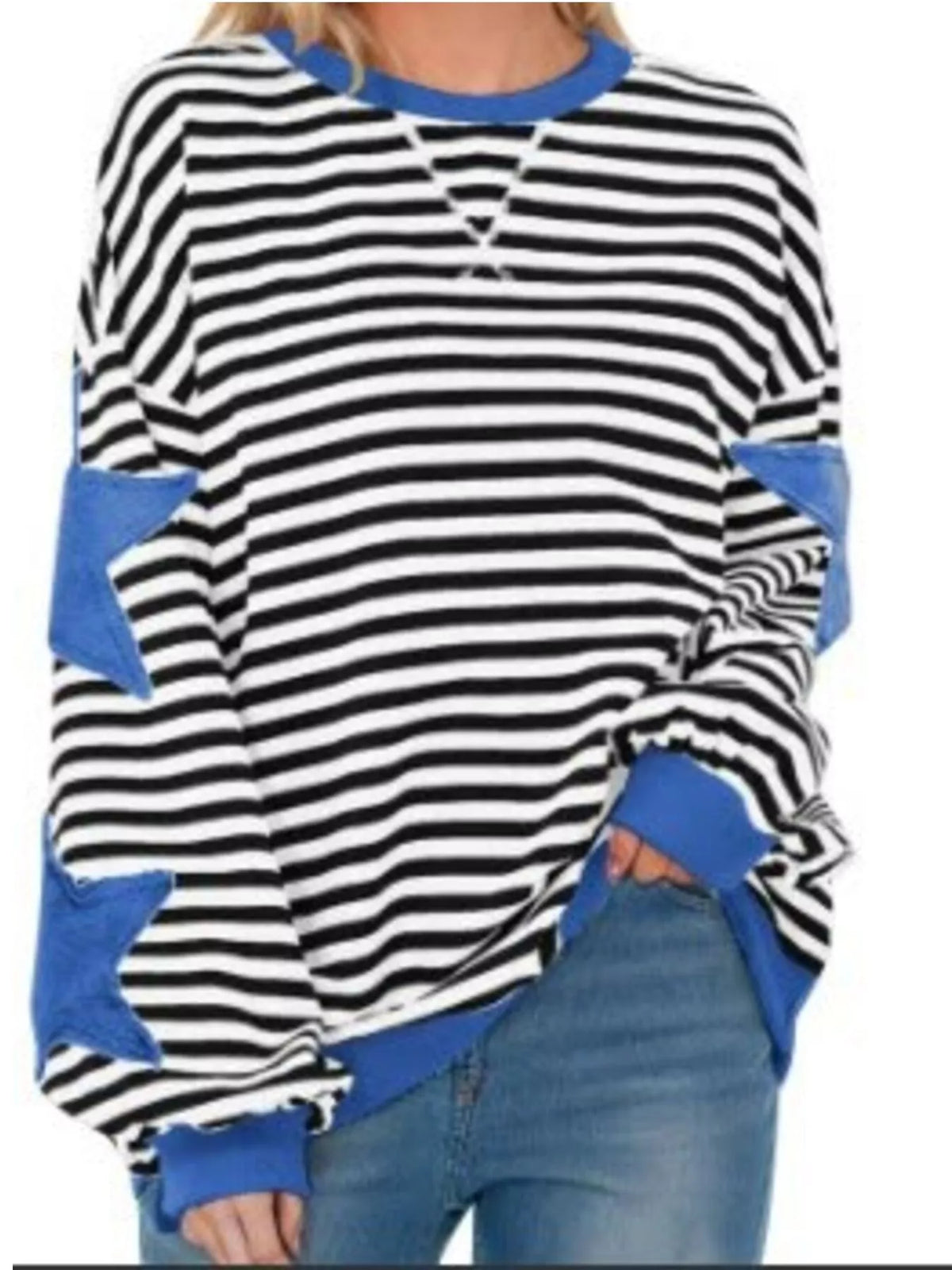 Medium Blue Star-Patch Striped Oversized Sweatshirt front view