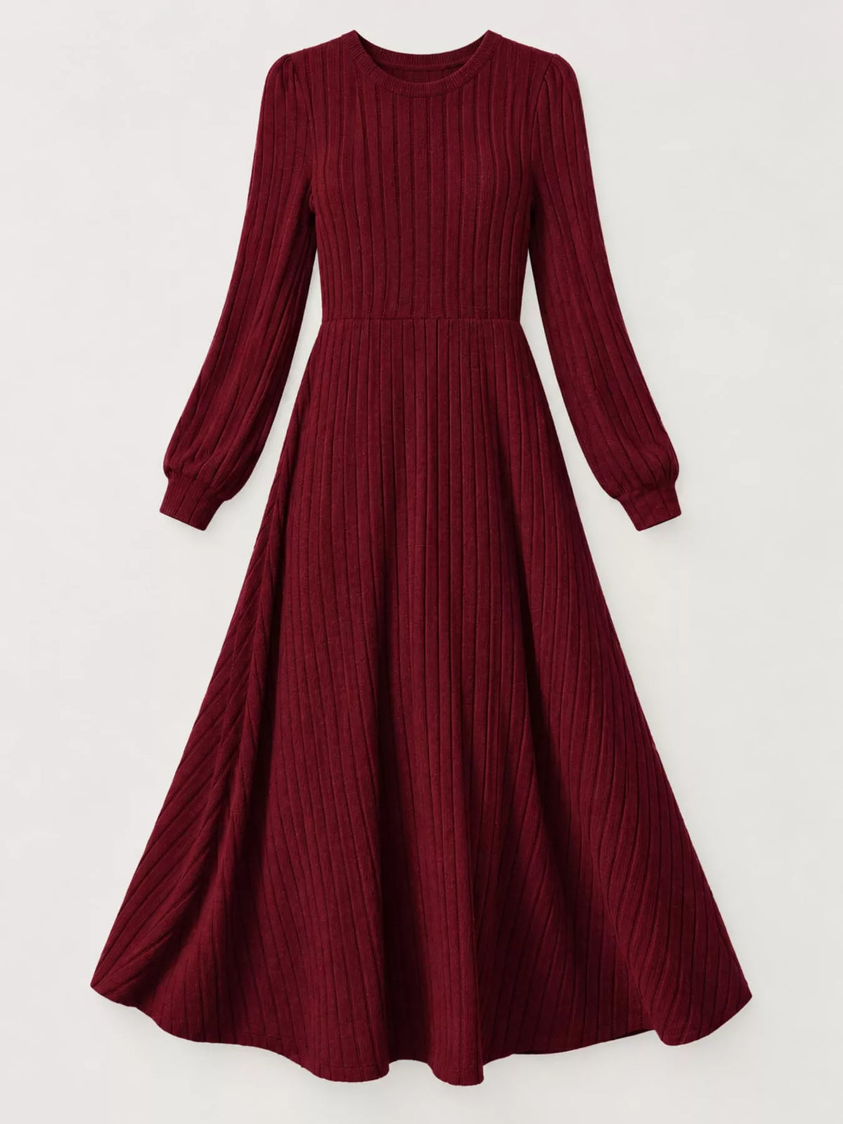 Women's Ribbed Knit Long Sleeve A-Line Midi Dress in burgundy — flat lay view