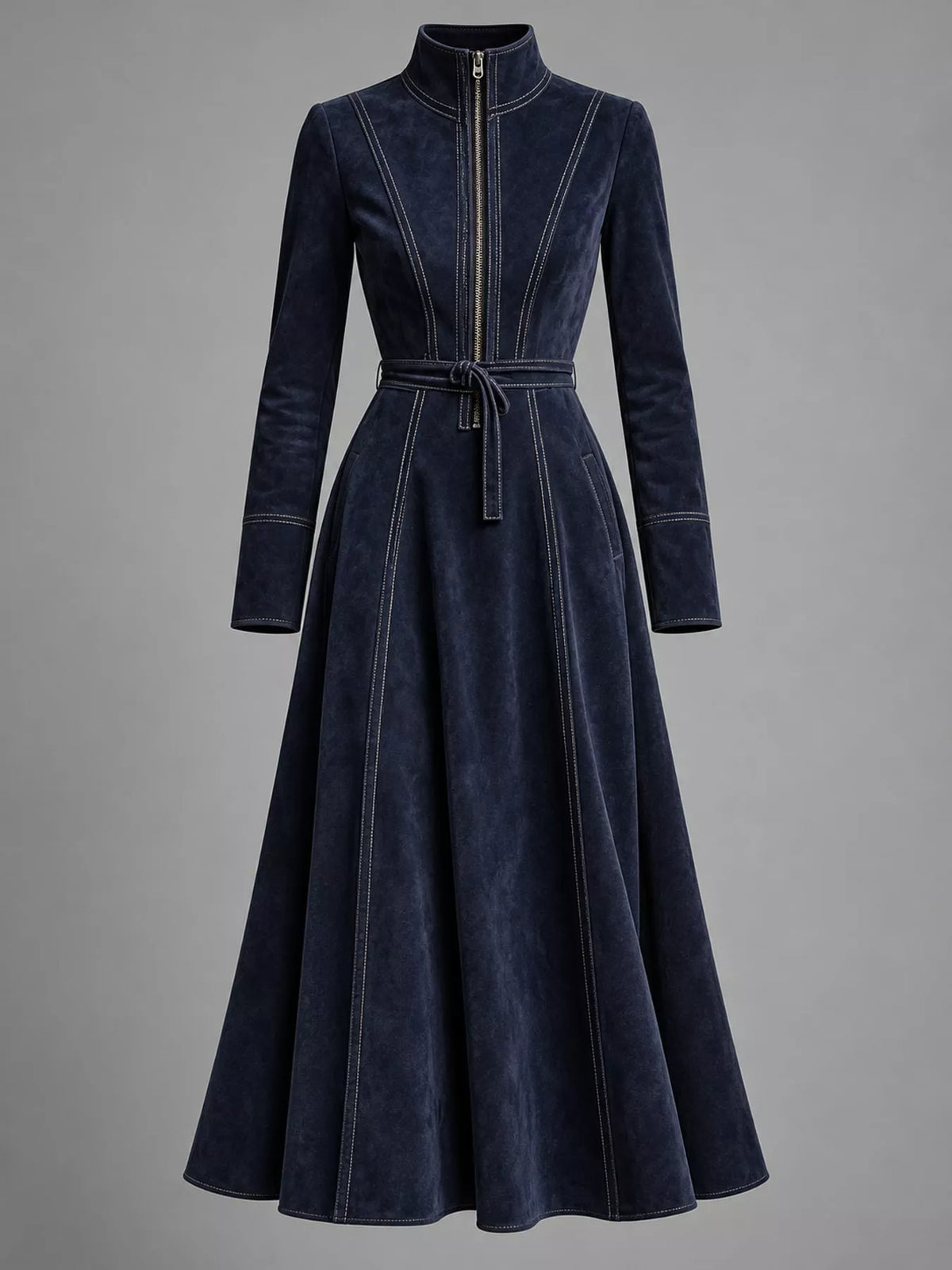 Navy zipper front midi dress, front view