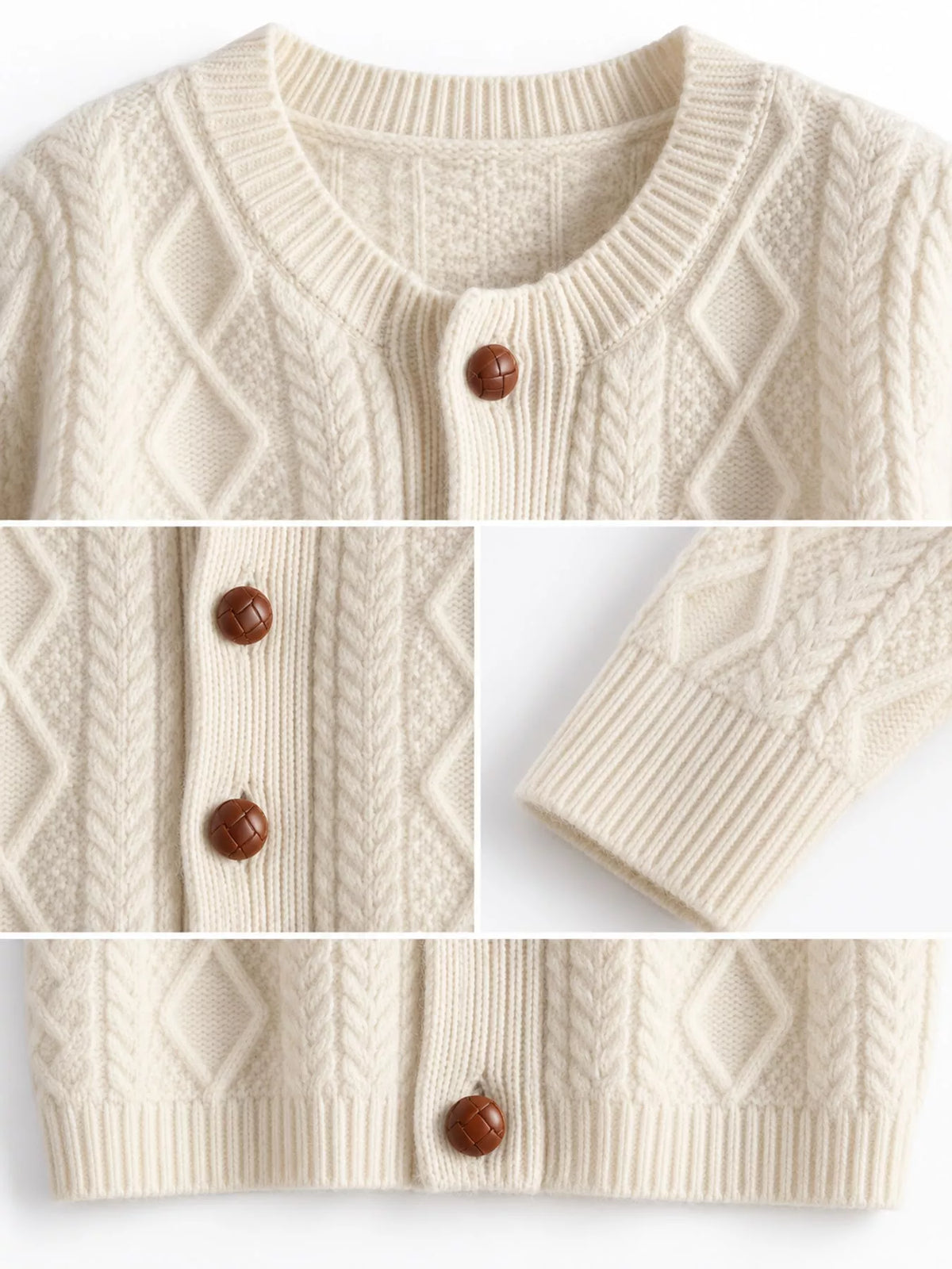White cable-knit button-down cardigan, detail view