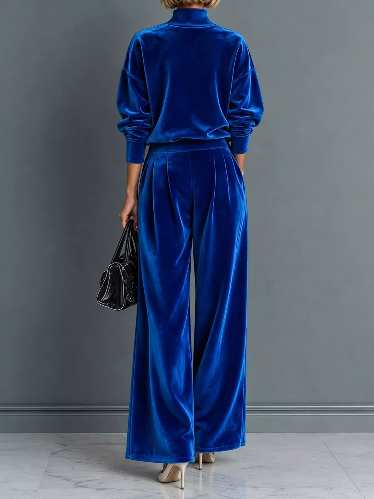 Blue velvet mock neck top and wide-leg pants set, back view