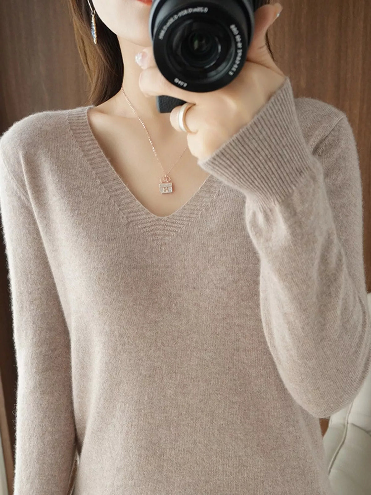 V-Neck Knit Sweater in light camel