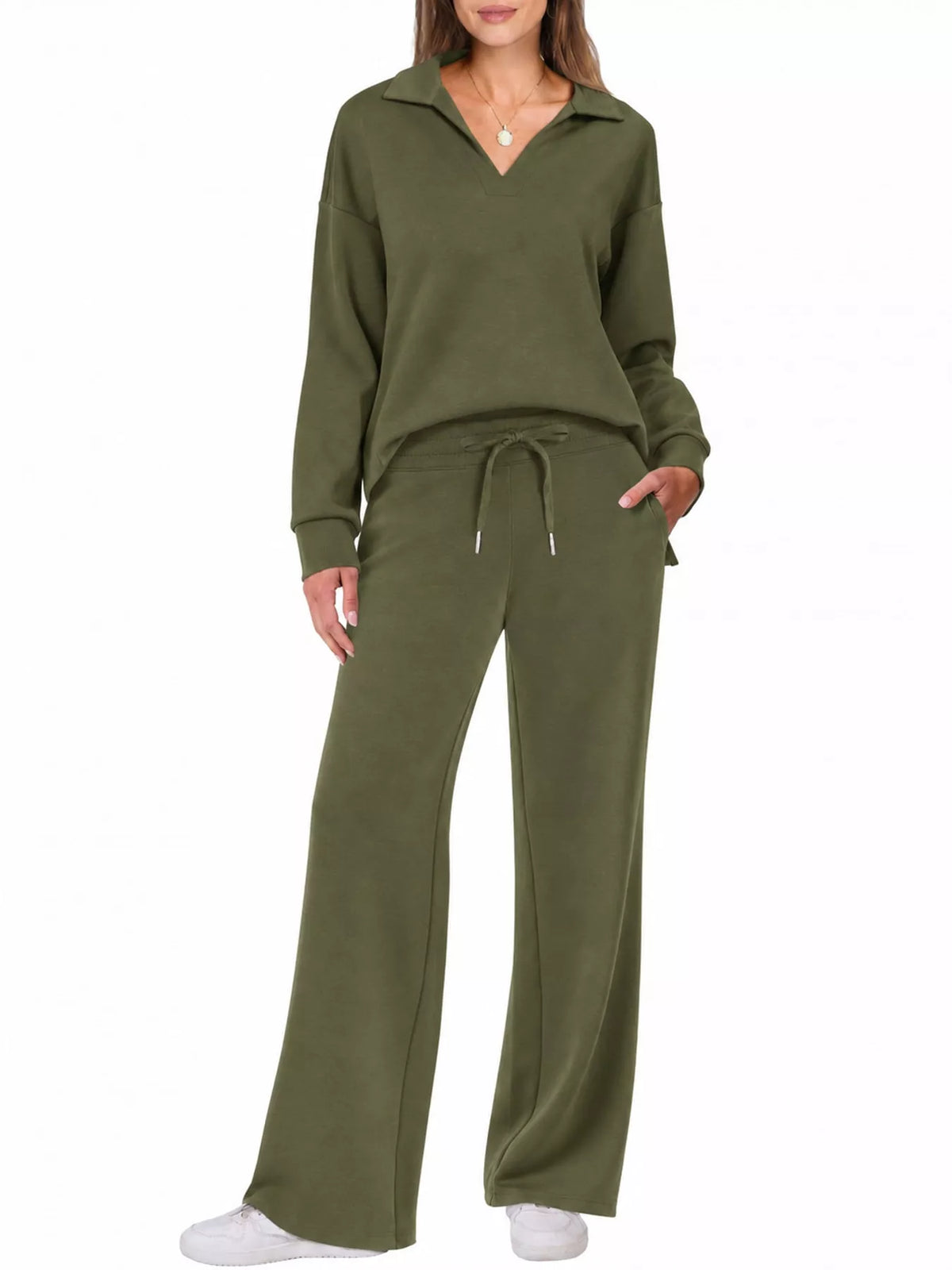 Top and drawstring pants set, olive front