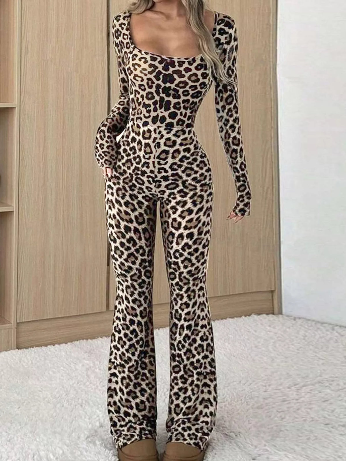 Long Sleeve Leopard Print Slim Fit Flare Jumpsuit — front view