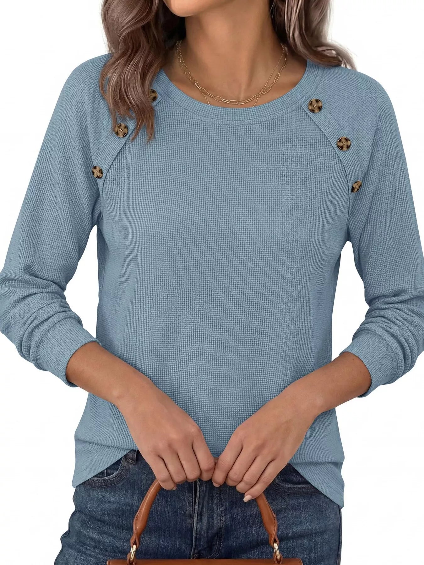 Trendsi Decorative Button Waffle Knit Long Sleeve T-Shirt -