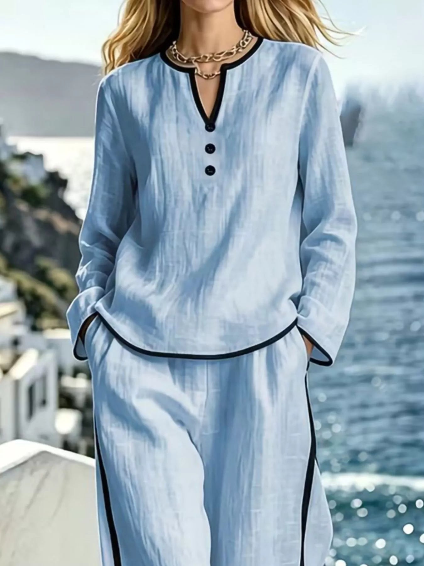 Trendsi Contrast Trim Long Sleeve Top and Pants Set -