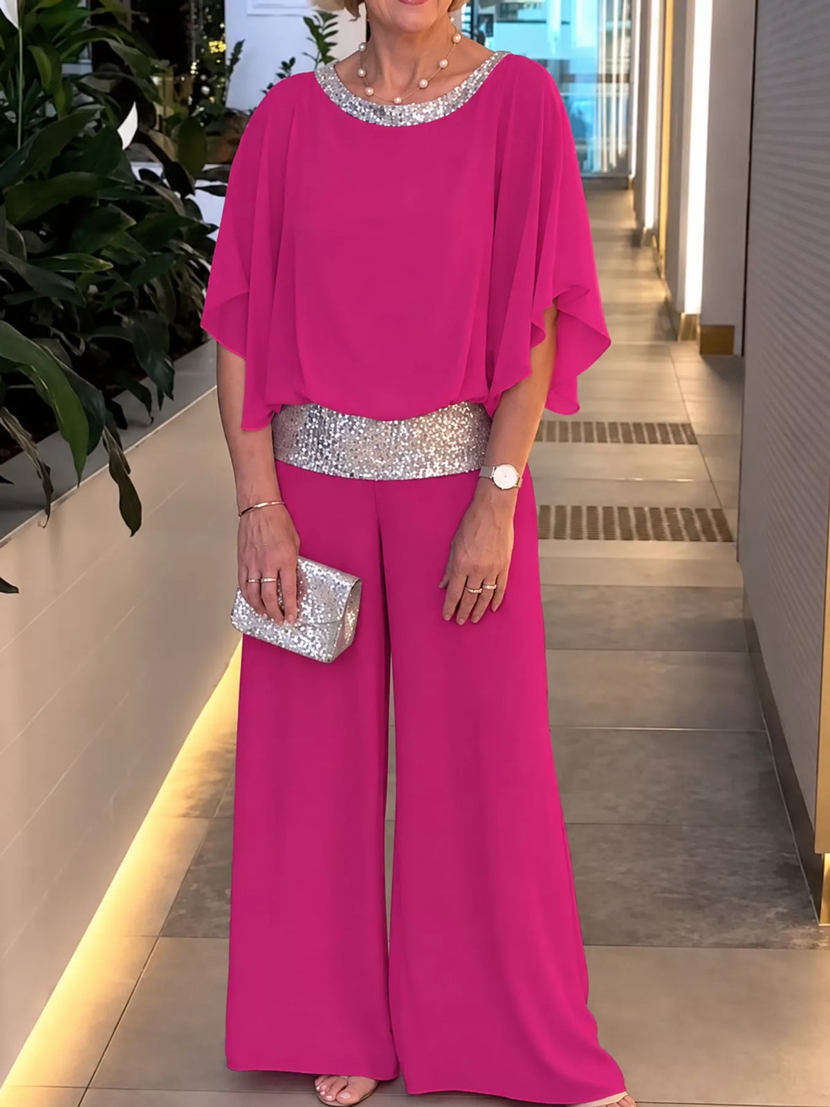 Chiffon Top and Wide-Leg Pants Set — front view
