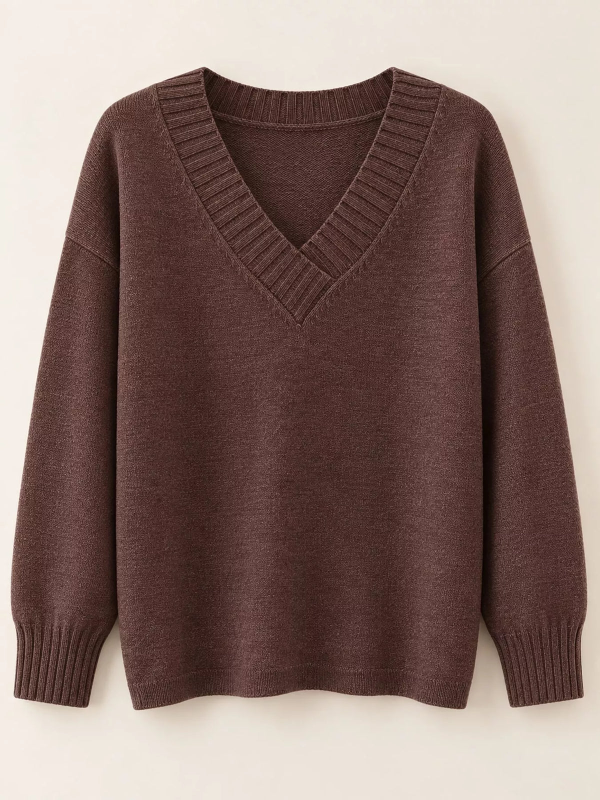 V-neck sweater, brown flat lay