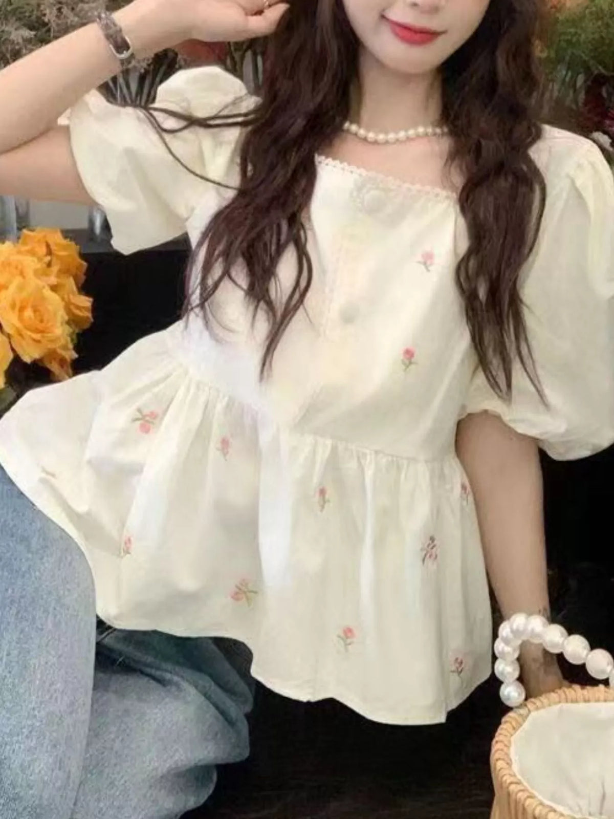 Cream floral embroidered puff sleeve peplum blouse