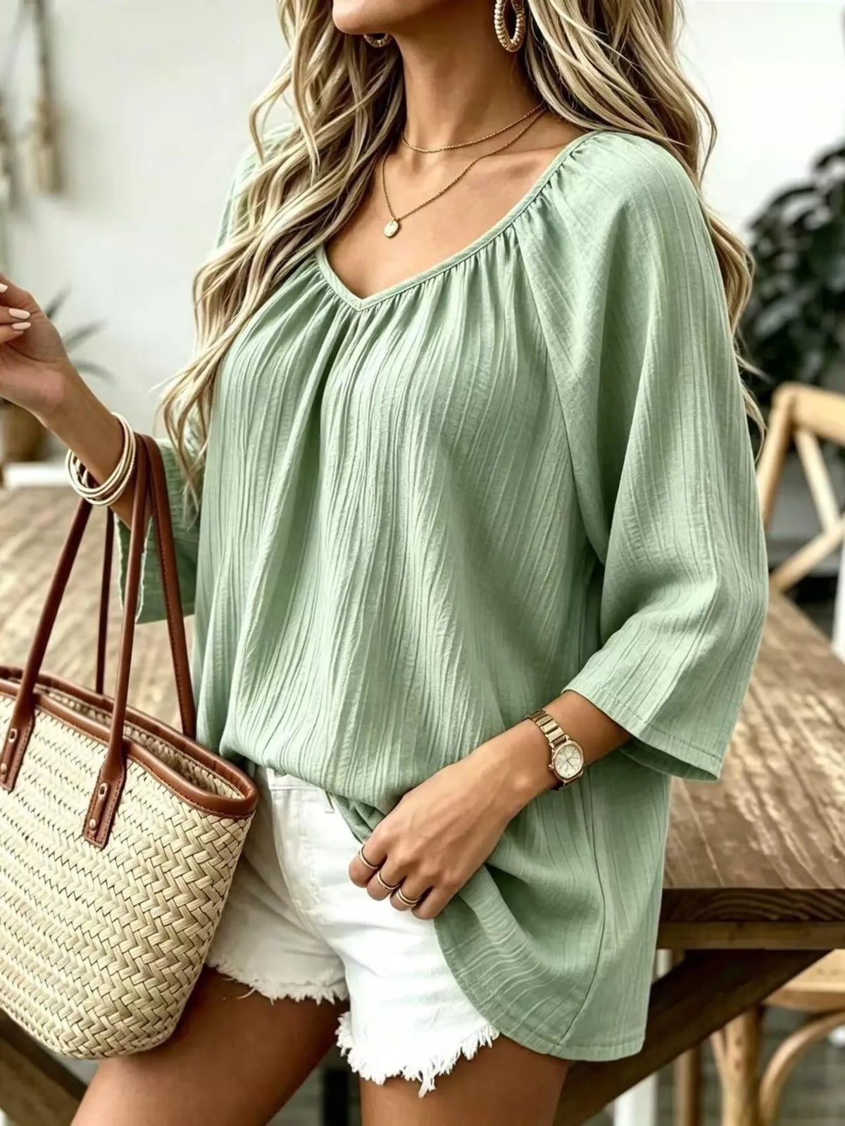 Textured V-Neck Casual T-Shirt, front view
