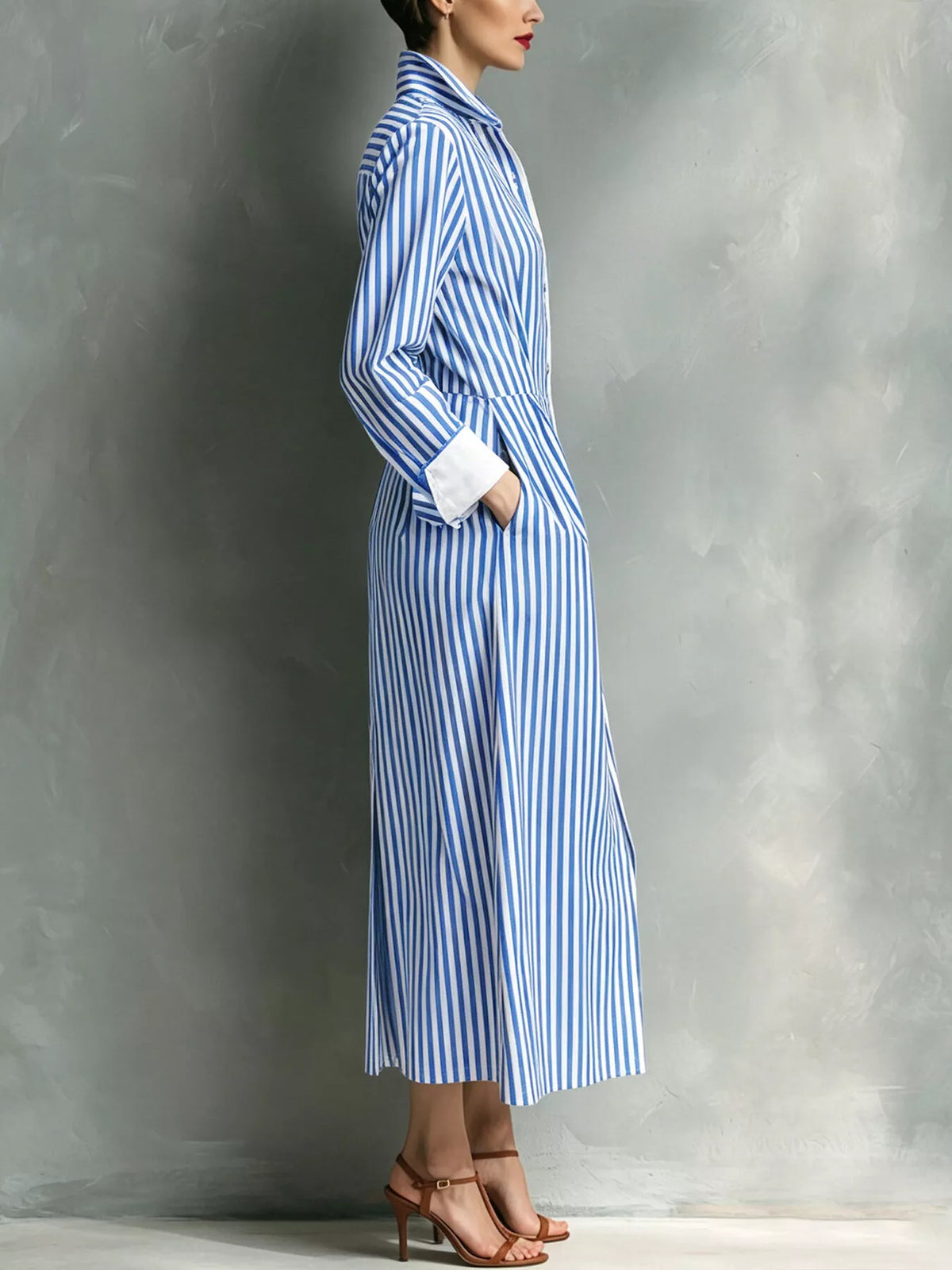 Blue and white striped shirt dress with contrast pocket, side view