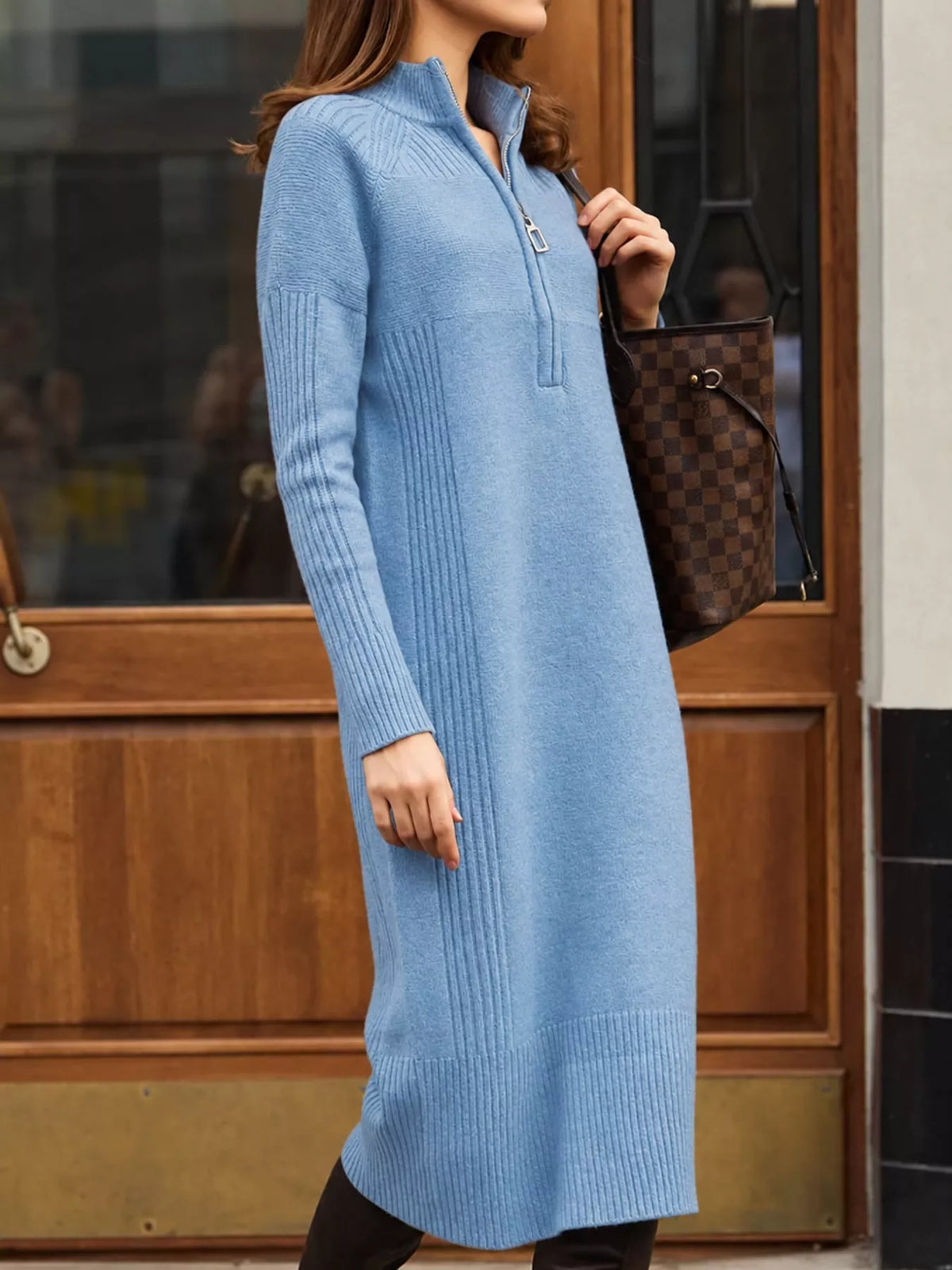 Blue half-zip ribbed knit sweater dress — front view