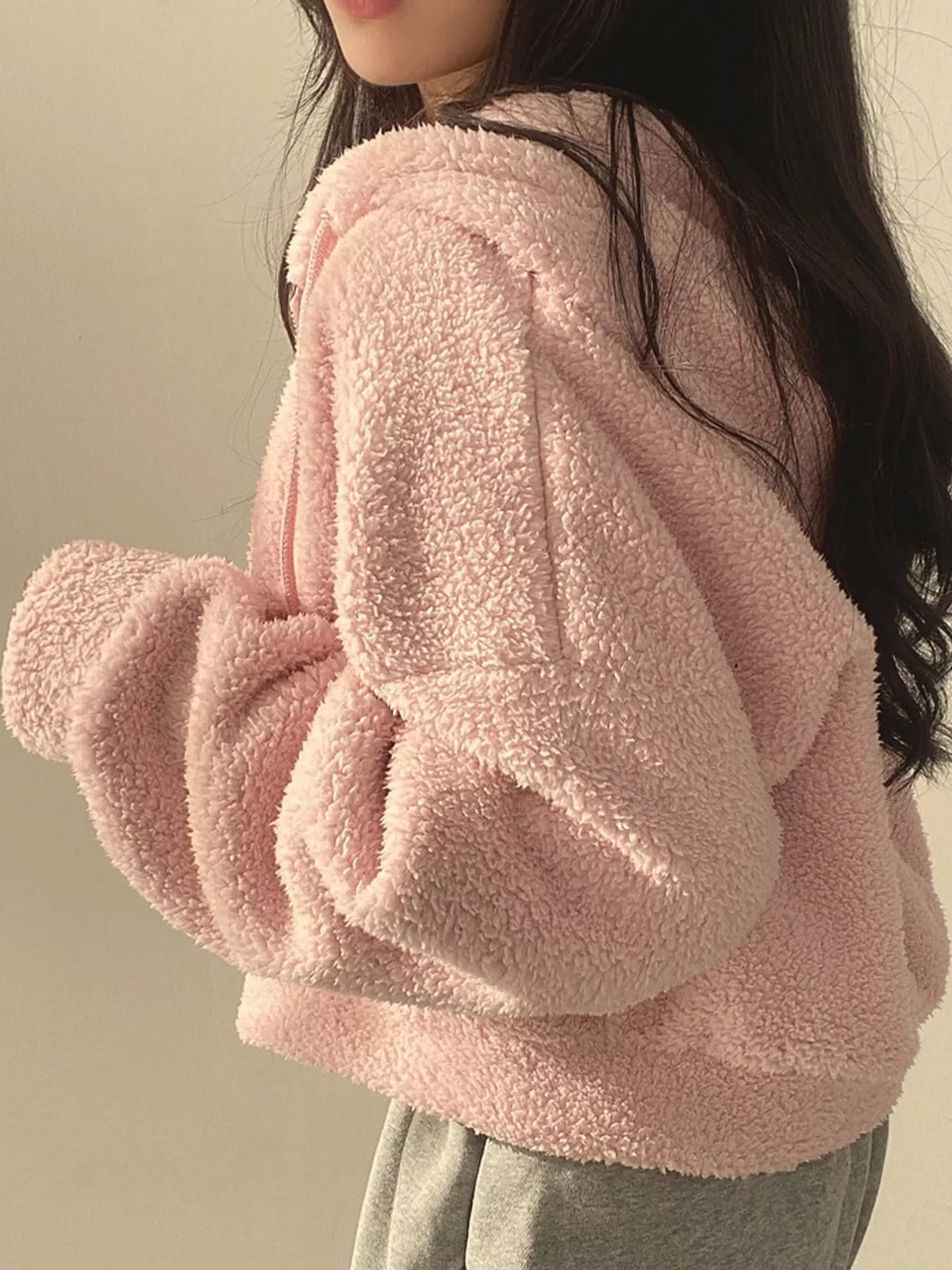 Cropped sherpa hoodie, pink side