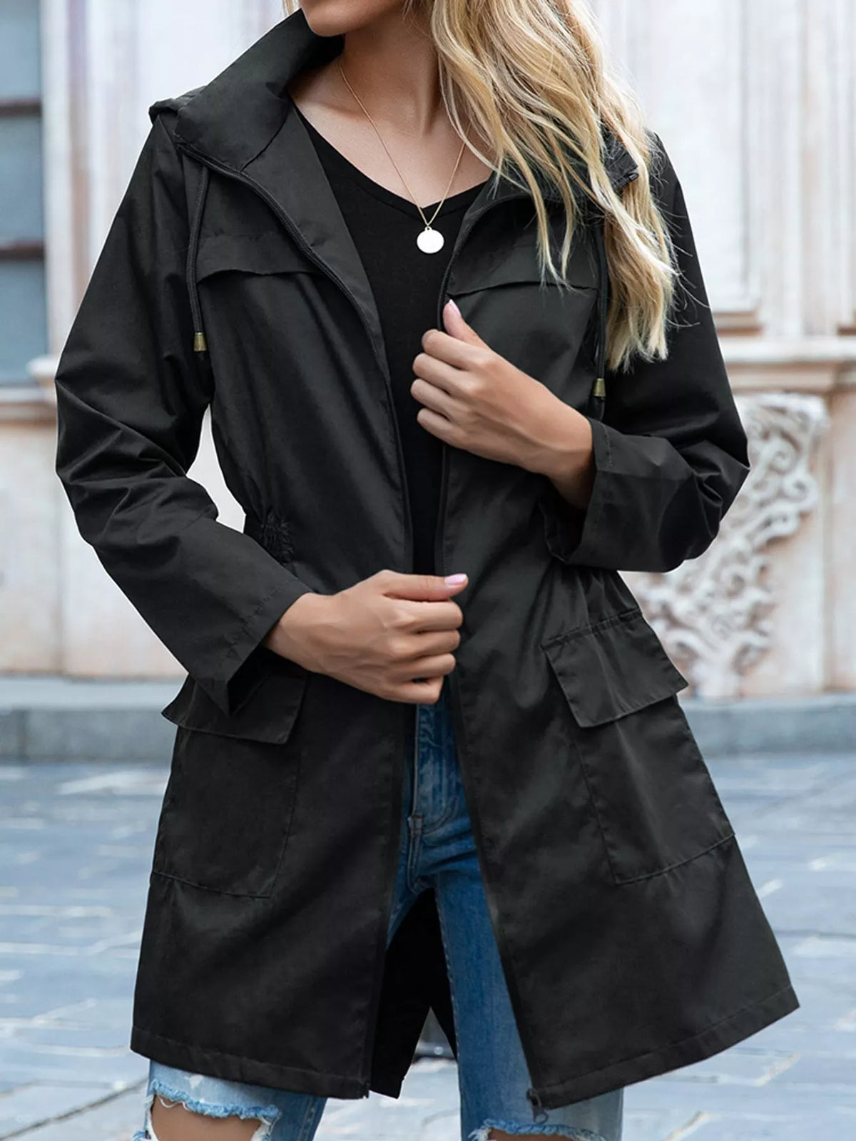 Women's Zip Up Drawstring Waist Hooded Jacket in black — front view