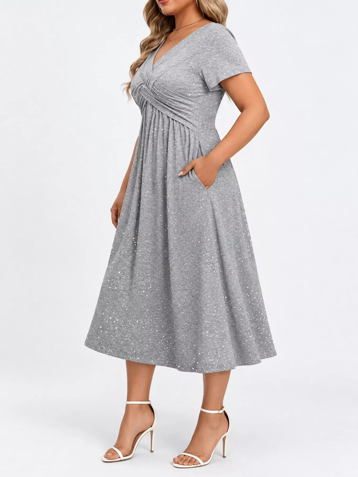 Gray speckled short sleeve midi dress with pockets, side pocket view