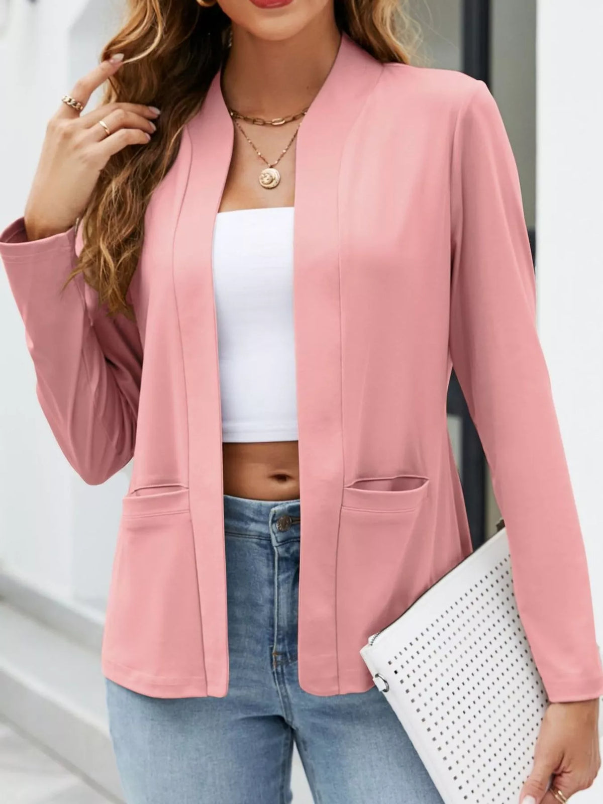 Mandarin neck long sleeve blazer, front view on model
