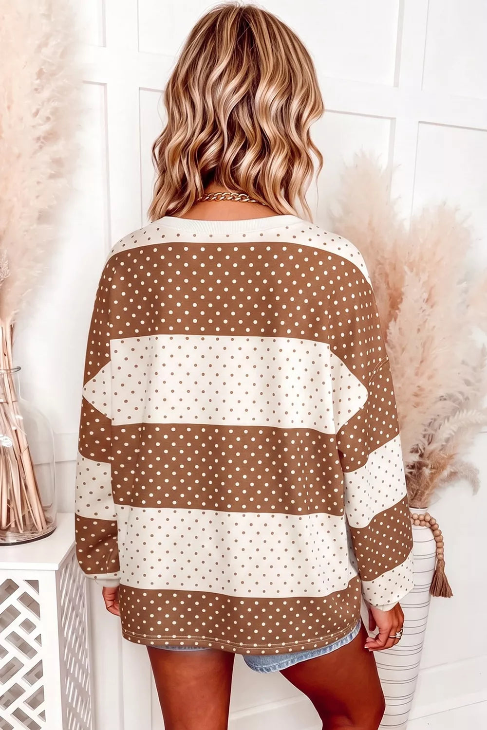 Women's Polka Dot Color Block Long Sleeve Top in Caramel, alternate view