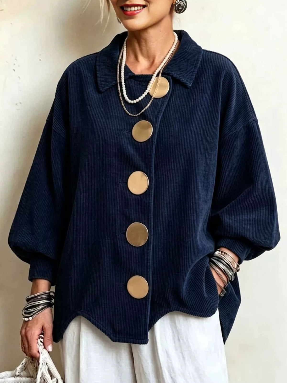 Women's Corduroy Button-Down Jacket in navy — front view