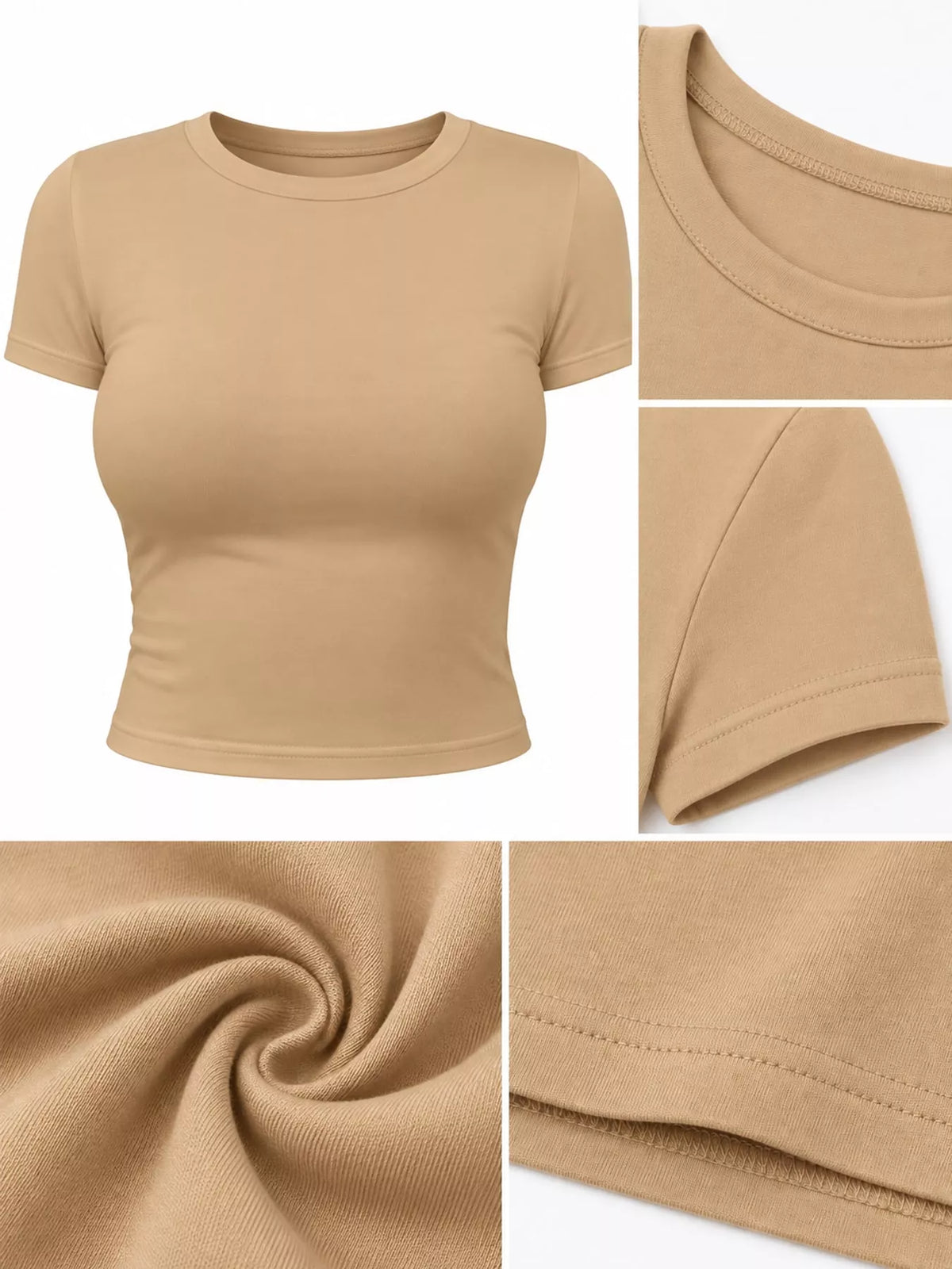 Beige crew neck crop T-shirt, fabric and neckline detail collage