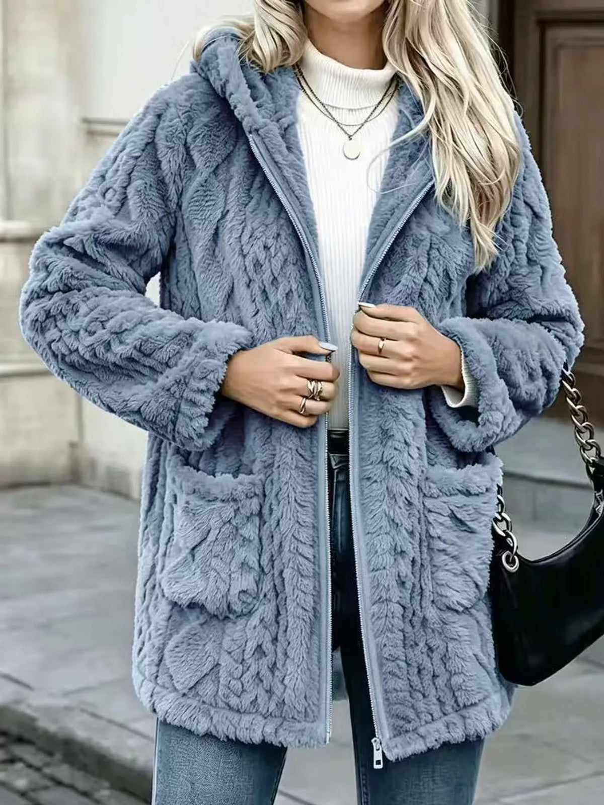 Ocean Blue faux fur hooded zip-up jacket