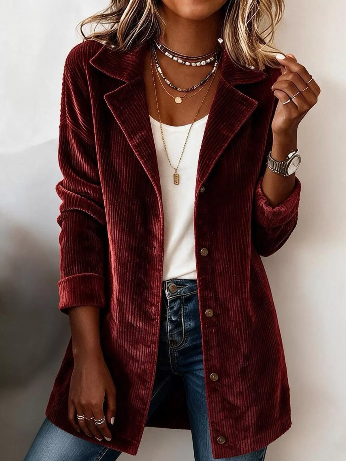 Burgundy vintage corduroy long-sleeve button-down blazer